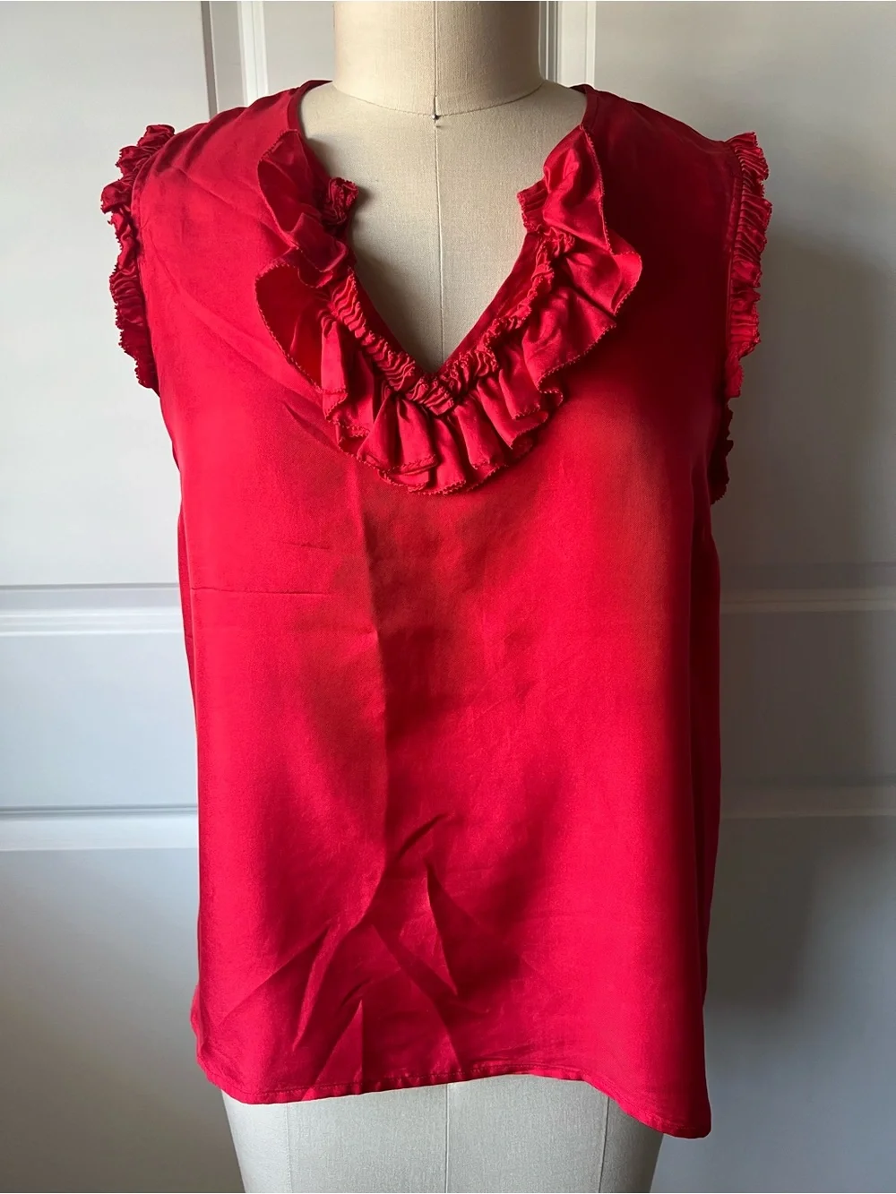 J. Crew Red Ruffle V-Neck Silk Sleeveless Camisole